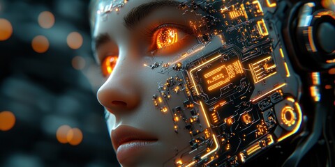 Poster - A Woman's Face with Circuitry and Glowing Orange Eyes