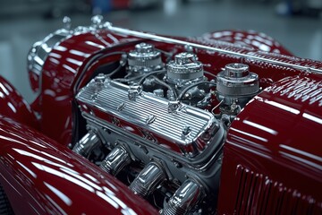 Poster - Close-up of a Polished Vintage Car Engine