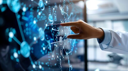 A scientist points at a screen with a blue digital network.