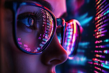 Fototapete - A Person's Eye Reflecting Colorful Code on a Computer Screen