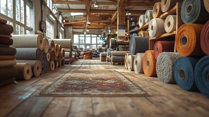 Wall Mural - Rolls of Carpet in a Warehouse with Wooden Floor and an Oriental Rug