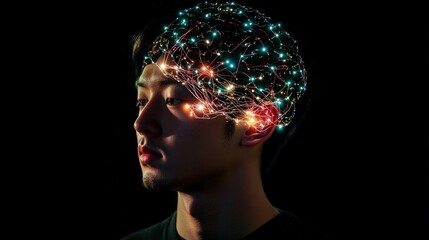 Poster - Neural connections are artistically depicted with vibrant lights emanating from a human head, representing active thought processes and complex brain functions