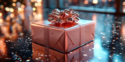 Poster - Rose Gold Gift Box with Sparkling Bow on Reflective Surface