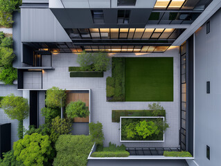 Top view of a courtyard with greenery and modern architecture