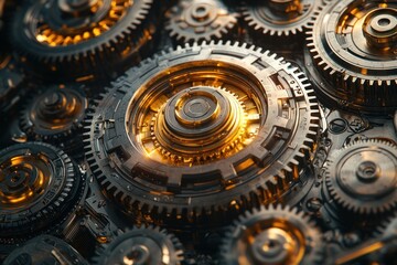 Poster - Close-up of Glowing Golden Gears and Cogs