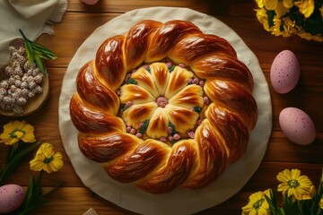 Wall Mural - Large, golden brown pastry with a flower design on top sits on a wooden table