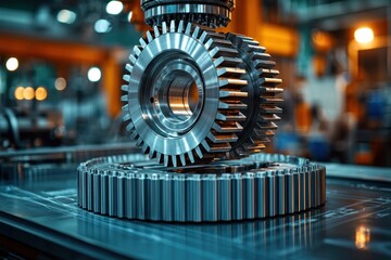 Poster - Close-up of a large metallic gear on a factory floor