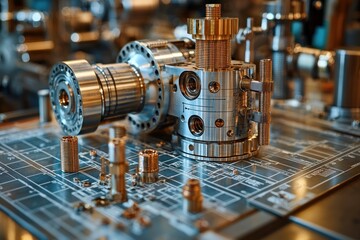 Poster - Close-up of a complex mechanical system with intricate parts.