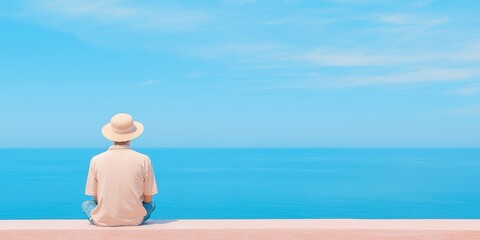 Wall Mural - Person sitting by the ocean, enjoying serene view under a clear blue sky.