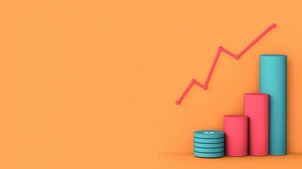 Poster - a colorful 3d graph with increasing bars on an orange background representing growth, progress, and 
