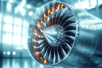 Poster - Close-up View of a Shiny, Metallic Jet Engine with Glowing Orange Blades