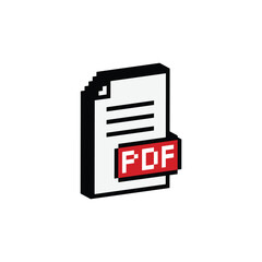 Poster - isometric pixel pdf file icon. Vector pixel art pdf document 8 bit logo for game