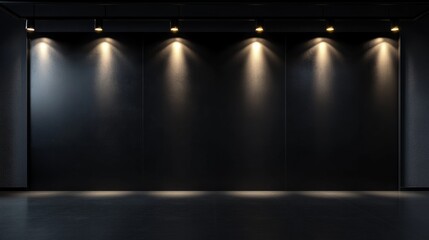 Poster - Black exhibition wall with overhead spotlights in a minimalist hall, a blank canvas in a spacious, modern environment. 3D rendering.