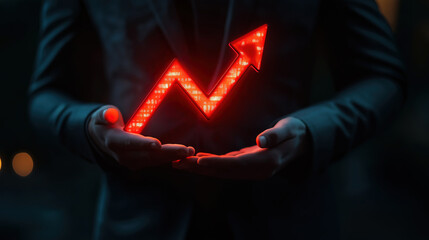 Poster - Businessman holding red arrow symbolizing declining profits and income in economic downturn