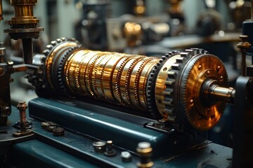 Poster - Close-up of a Complex Machine with Brass and Metal Gears