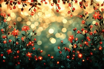 Poster - Red Flowers and Berries with a Golden Bokeh Background