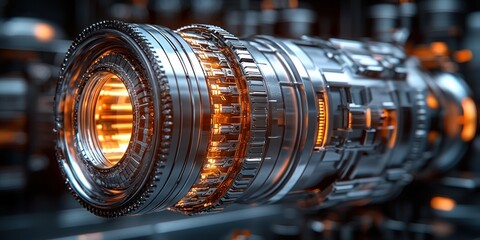 Poster - Close-up of a Metallic Engine with Glowing Orange Interior