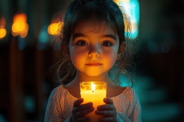 Poster - Young girl with long brown hair holding a lit candle