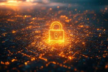 Poster - A glowing padlock symbol on a cityscape background with orange lights and particles