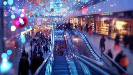 People customer transport on escalator at urban shopping mall, Department store business,christmas holiday in city, financial economy,tourist traveler lifestyle,Motion blur,copy space.