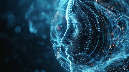 Poster - Complex system of interconnected glowing particles forming a human face. Symbolizing artificial intelligence. Big data analysis. And future technologies transforming human identity in the digital age