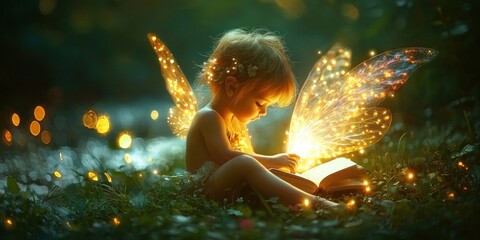 Poster - A Young Fairy with Glowing Wings Reads a Book in a Magical Forest