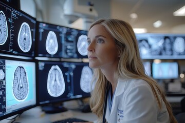 Aufkleber - Female Doctor Examining Brain Scans on Multiple Monitors