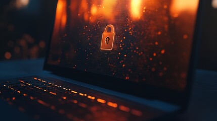 Poster - The laptop's screen glows softly with a lock icon, symbolizing security, amidst a warm and inviting atmosphere in a cozy workspace during nighttime