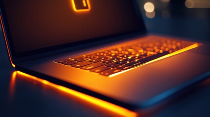 Poster - The laptop features a lock icon illuminated on its screen, creating a warm atmosphere in a dimly lit workspace, emphasizing security and connectivity