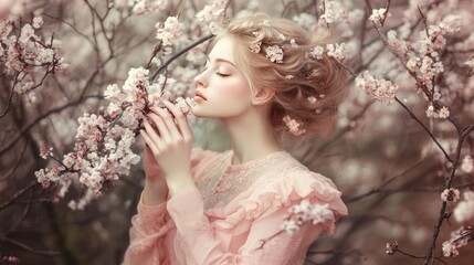 Wall Mural - a lady in a blooming garden, where she wears a charming pink dress. Her gathered hair frames her face, resembling a porcelain