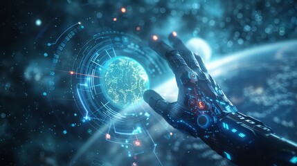 Poster - advanced robotic hand interacting with holographic projection of planet earth, showcasing the potent
