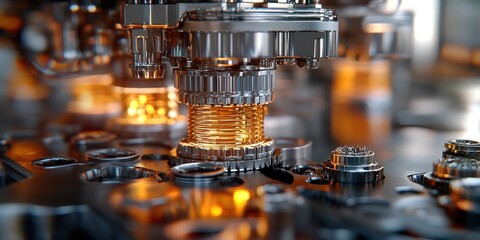 Poster - Close-up of a Complex Machine with Illuminated Gears and Metallic Components