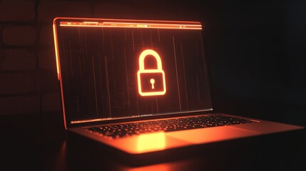Poster - The laptop sits closed, showcasing a bright lock icon on its screen, indicating a high-security status. The low light creates a dramatic atmosphere around it