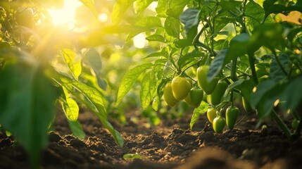 A lush green garden scene featuring an abundance of green pepper plants,