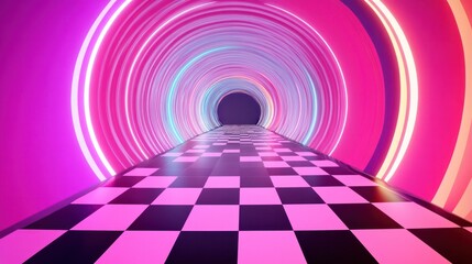 Poster - A mesmerizing tunnel with a black-and-white checkered floor extending into the distance, surrounded