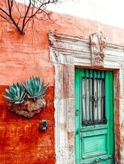 Sticker - Agave Plants and Green Door on a Distressed Building Wall