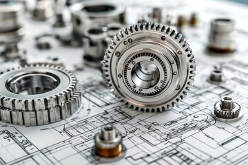 Poster - Metal Gears and Bearings on a Technical Drawing