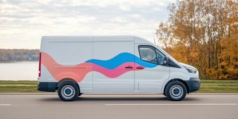 Delivery van on the road with abstract colorful design, isolated background.