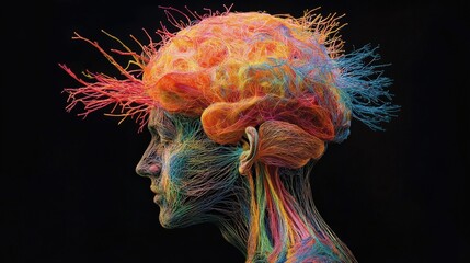Poster - The brain is visually transformed into a colorful network of neurons, showcasing its complexity and beauty against a dark background, emphasizing neural connections