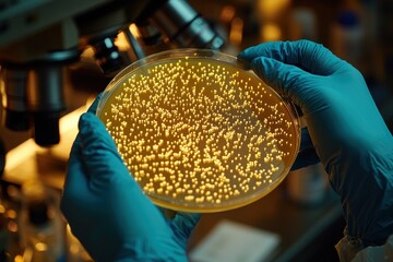 Aufkleber - Gloved Hand Holding Petri Dish with Bacterial Colonies
