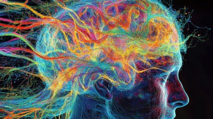 Poster - The brain is represented as a dynamic network of neurons, showcasing intricate connections in a vivid array of colors, highlighting its complexity and functionality