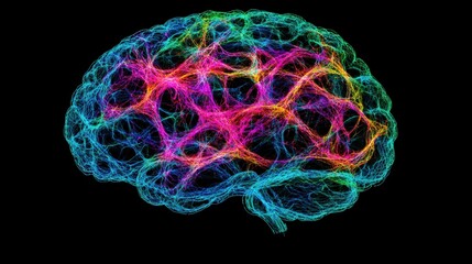 Poster - This artwork illustrates a man's brain crafted as a colorful network of neurons, showcasing the intricate connections and pathways that facilitate thought and communication within the mind