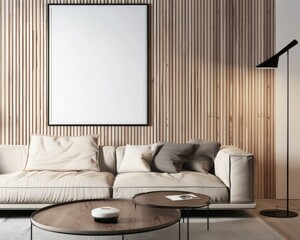 Modern living room interior with a large blank canvas mockup on the wall. a cozy sofa. two round coffee tables. and a wooden floor