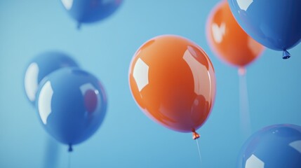 A striking orange balloon contrasts beautifully with blue balloons set against a soft blue backdrop ideal for festive occasions or gatherings