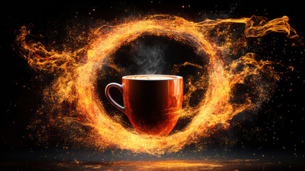 Poster - steaming coffee cup surrounded by fiery abstract swirls, creating dynamic visual