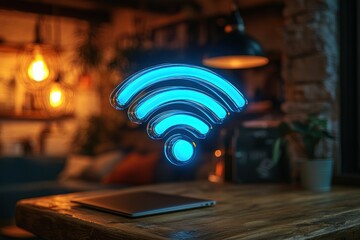 Aufkleber - Glowing Blue Wifi Symbol Above a Laptop on a Wooden Table
