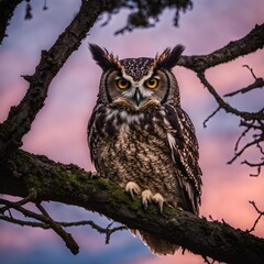 an owl with big, curious eyes perched on a tree branch at dusk.