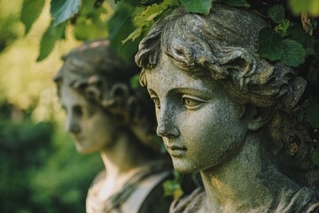 Beautiful stone sculptures of two women are surrounded by lush green foliage. Soft light adds a serene touch. Ideal for nature and art themes. Generative AI