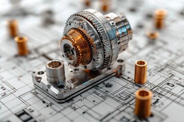 Poster - Close-up of a complex mechanical gear system on a blueprint.