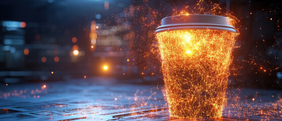 Aufkleber - Futuristic glowing coffee cup with vibrant energy and sparks